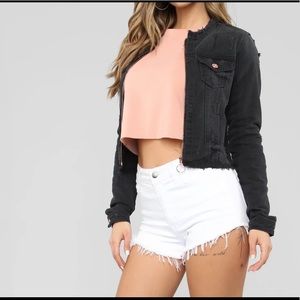 Black washed denim jacket with rose gold details